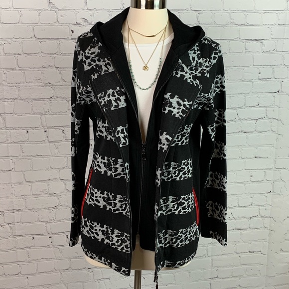 Orly Jackets & Blazers - Orly Black/Animal Print Striped Zip Hoodie Large